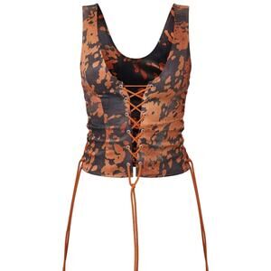 PrettyLittleThing Brown Black Cow Print Woven Scoop Neck Lace Up Cropped Top 12